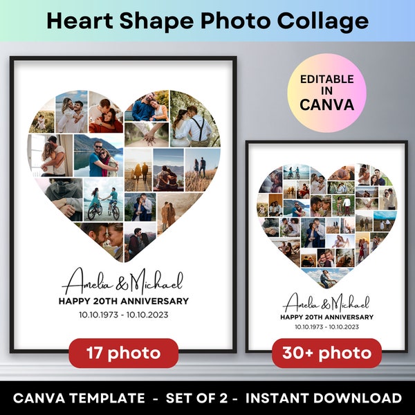 Heart Shape Photo Collage Wedding Anniversary Gift Engagement Present Boyfriend Girlfriend Valentine's Day Gifts Canva Template Love Poster