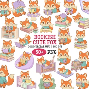 Könnte beinhalten: Eine Sammlung von Cartoon-Füchsen in verschiedenen Posen, alle lesen Bücher oder benutzen Laptops. Die Füchse sind orange und weiß und tragen blaue Pullover. Das Bild enthält den Text "Bookish Cute Fox" und "50+ PNG".