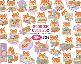 Kawaii räv bokälskare clipart boklig djurbundle läsning png skollärare digitalt klistermärke