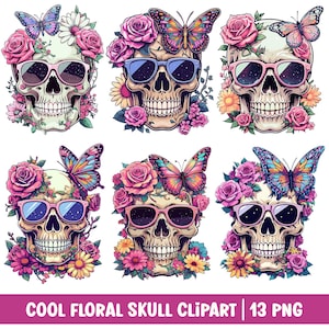 Floral Schädel PNG Boho Schädel und Blumen Clipart Bundle Schmetterling Motte Aquarell Illustration Groovy Gothic Design Rosa Rosen Buntes Gänseblümchen