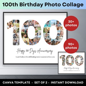 Collage de fotos imprimible para el 100.º cumpleaños, número 100, plantilla de marco de lona, regalo de aniversario de 100 días para pareja, póster de 8 x 10 y 16 x 20