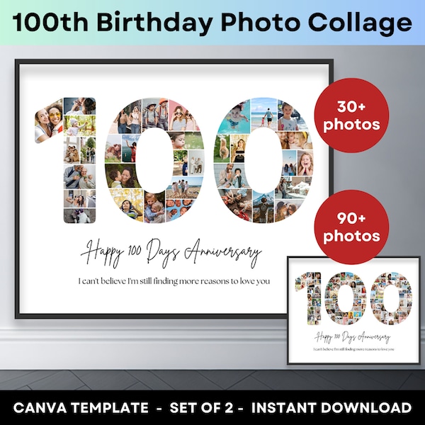 100th Birthday Number 100 Photo Collage Printable Canva Frame Template 100 Days Couple Anniversary Gift Picture Collage 8x10 16x20 Poster