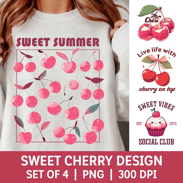 Cherry T-shirt Design PNG Coquette Aesthetic Clipart Bundle Printable Sublimation Image Sweet Summer Fruit Vintage Retro Trendy Graphic Tee