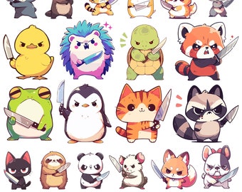 Cute Animal with Knife Clipart Kawaii Animal Cartoon PNG Bundle Set Funny Anime Illustration Digital Sticker Sublimation Image Sarcasm Humor