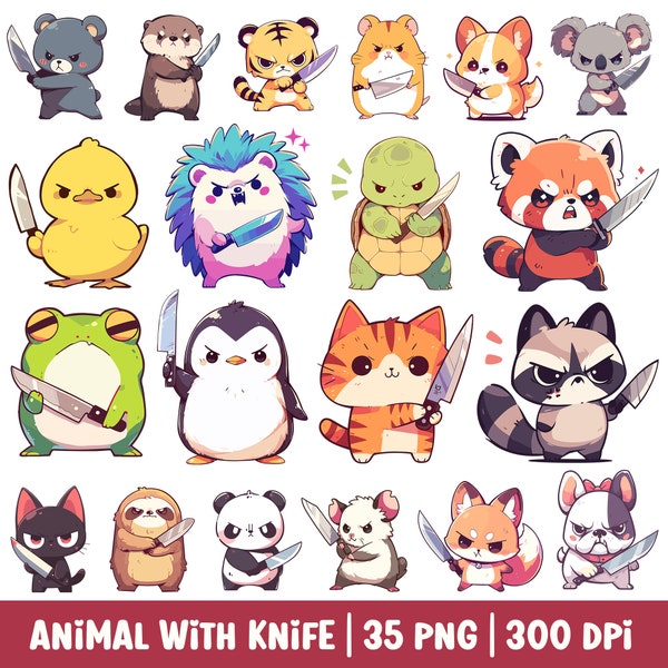 Cute Animal with Knife Clipart Kawaii Animal Cartoon PNG Bundle Set Funny Anime Illustration Digital Sticker Sublimation Image Sarcasm Humor