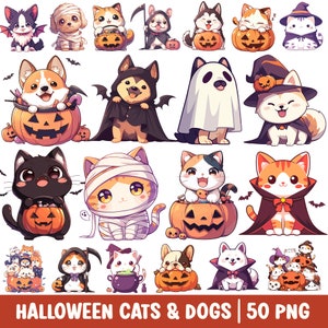 Cute Halloween Cat Clipart Halloween Dog PNG Kawaii Animal Cartoon in Costumes Pumpkin Spooky Ghost Vampire Witch Grim Reaper Trick or Treat