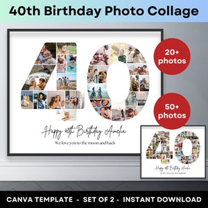 40th Birthday Number 40 Photo Collage Printable Canva Frame Template 40th Anniversary Picture Collage 8x10 Poster Personalized Birthday Gift