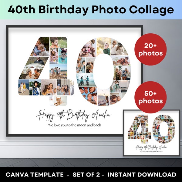 40. Geburtstag Zahl 40 Foto Collage Druckbare Canva Rahmen Vorlage 40. Jahrestag Bild Collage 8x10 Poster Personalisiertes Geburtstagsgeschenk