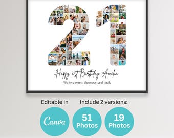 Collage de fotos imprimible para el 21.º cumpleaños, número 21, plantilla de marco de lona, póster de 8 x 10, regalo de cumpleaños personalizado.