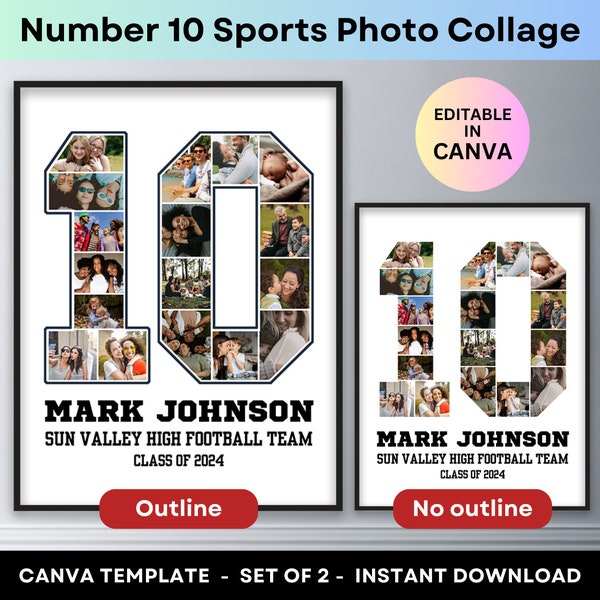 Sports Photo Collage Player Number 10 Graduation Gift Senior 2024 Athlete Grad Poster Football Basketball Baseball Hockey Canva Template