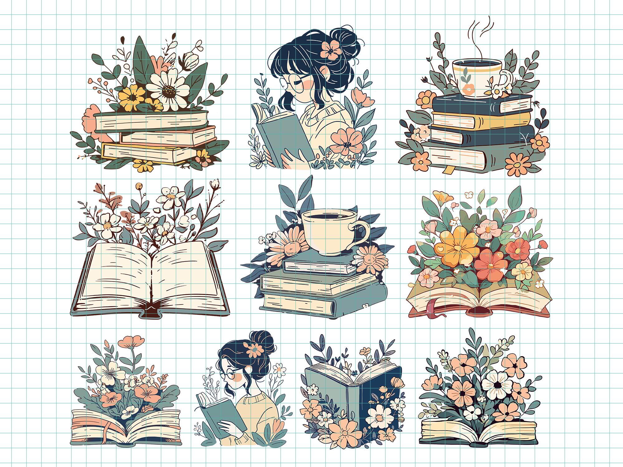 Reading Book PNG Vintage Floral Book Lover Clipart Bookish Flower ...