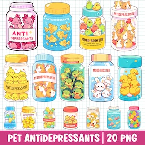 Niedliche Antidepressivum Haustiere PNG Bundle Set Kawaii Tier in Pillenflasche Cartoon Illustration Bewusstsein für psychische Gesundheit Angst Serotonin Booster
