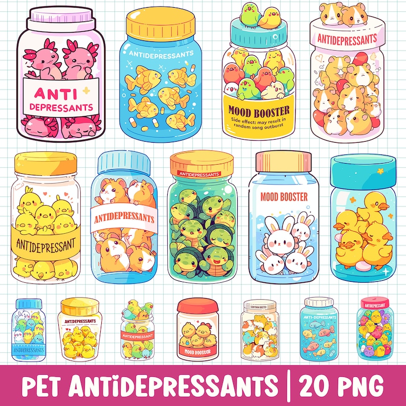 Söta antidepressiva husdjur PNG-paket Kawaii djur i pillerflaska Tecknad illustration Mental hälsa Medvetenhet Ångest Serotonin Booster bild 1