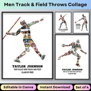 May include: A set of four printable collage designs featuring silhouettes of athletes throwing a javelin, discus, shot put, and hammer. Each design includes the text "Taylor Johnson", "Sun Valley High Track and Field", and "Class of 202X".