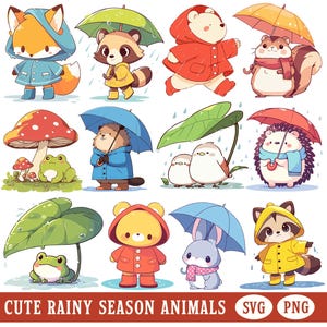 Regnerischer Tag Tier Clipart Niedliche Waldkreatur PNG Kawaii Tiere Mit Regenschirm Regenmantel Regenzeit SVG-Datei Sublimationsbild für Kinder