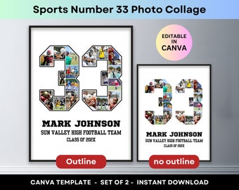 Sports Photo Collage Player Number 33 Graduation Gift Senior Night 2024 Athlete Poster Football Basketball Baseball Soccer Canva Template