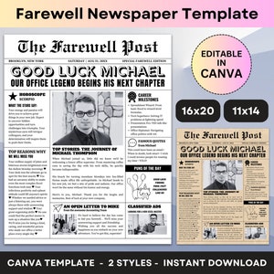 Giornale di addio, regalo di pensionamento personalizzato, decorazione per festa di addio, poster divertenti, modello modificabile, collega, capo, collega, squadra