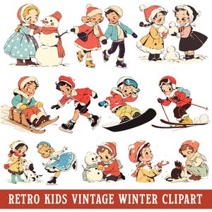 Bambini invernali accoglienti vintage PNG Clipart retrò pattinaggio su ghiaccio sci snowboard bambini attività invernali SVG carino classico cartone animato illustrazione