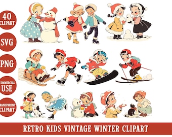 Vintage Cozy Winter Kids PNG Clipart Retro Ice Skating Skiing Snowboarding Children Winter Activities SVG Cute Classic Cartoon Illustration