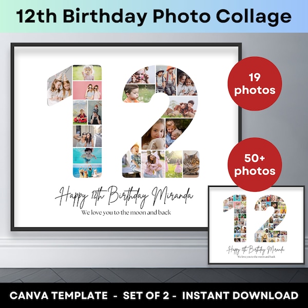 12th Birthday Number 12 Photo Collage Printable Canva Frame Template 12th Anniversary Picture Collage 8x10 Poster Birthday Gift Son Daughter