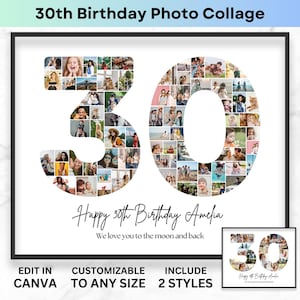 30th Birthday Number 30 Photo Collage Printable Canva Frame Template 30th Anniversary Picture Collage 8x10 Poster Personalized Birthday Gift