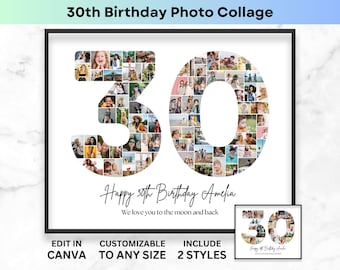 30th Birthday Number 30 Photo Collage Printable Canva Frame Template 30th Anniversary Picture Collage 8x10 Poster Personalized Birthday Gift