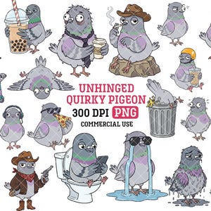 May include: A collection of cartoon pigeon illustrations featuring various activities, including riding scooters, eating pizza, drinking beverages, wearing hats, and sitting on a toilet, with the text UNHINGED QUIRKY PIGEON 300 DPI PNG COMMERCIAL USE.