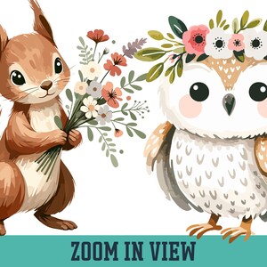 May include: A brown squirrel holding a bouquet of small colourful flowers next to a white and brown owl wearing a floral crown. The owl has large black eyes and pink cheeks. Below the animals is a teal bar with the text ZOOM IN VIEW.