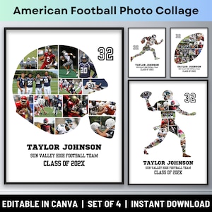 American Football Sports Photo Collage Custom Photo Gift Senior Night Graduation Coach Athlete Helmet Ball Player Silhouette Canva Template