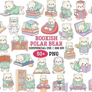 Może przedstawiać: Kolekcja cyfrowych ilustracji przedstawiających białe niedźwiedzie polarne w miętowych bluzach z kapturem, czytające, uczące się i śpiące. Tekst głosi BOOKISH POLAR BEAR COMMERCIAL USE 50+ PNG. Niedźwiedzie pokazano z książkami, laptopami i meblami.