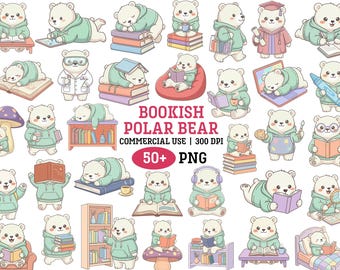 Isbjörn bokälskare Clipart Kawaii djurläsning Png-paket Tillbaka till skolan lärare digitalt klistermärke