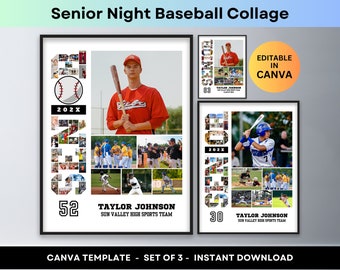 Senior Night Baseball Poster Sports Photo Collage High School Award Banquet Athlete Player Graduation Gifts Picture Collage Canva Template