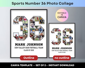 Sports Photo Collage Player Number 36 Graduation Gift Senior Night Athlete Award Football Basketball Baseball Soccer Poster Canva Template