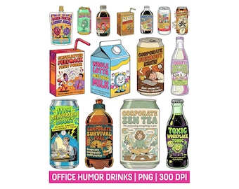 Corporate Burnout Drinks PNG Bundle, Funny Office Beverage Clipart, Monday Blues Retro Coffee, Coworker Humor Sublimation, Work Meme Art