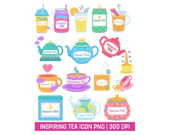 Inspirational Tea Icon PNG Positive Words Clipart Mental Health Printable Sticker Bundle Motivational Tea Lover Pun Self Care Drinks