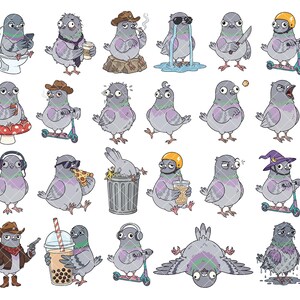 May include: A collection of twenty-four cartoon pigeon illustrations featuring various activities and expressions, including pigeons on scooters, wearing hats, eating pizza, drinking bubble tea, sitting on toilets, and holding items like knives.