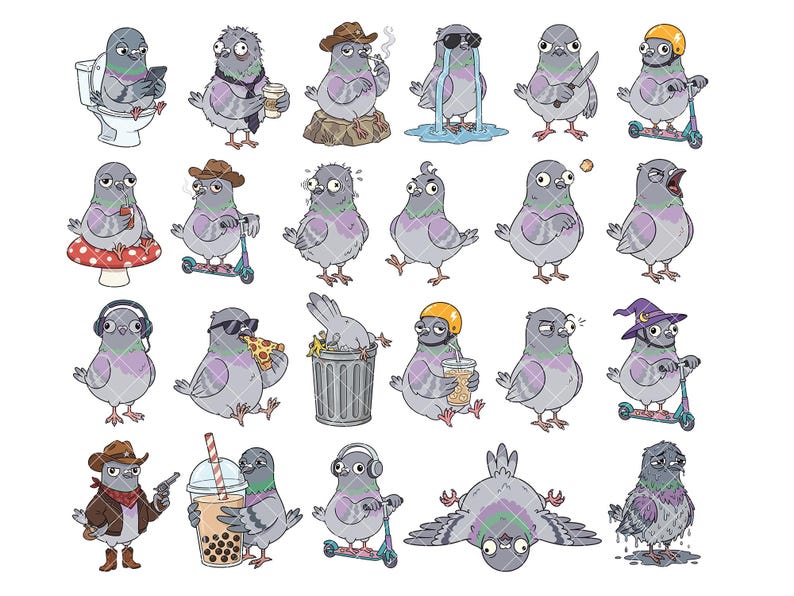 May include: A collection of twenty-four cartoon pigeon illustrations featuring various activities and expressions, including pigeons on scooters, wearing hats, eating pizza, drinking bubble tea, sitting on toilets, and holding items like knives.