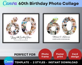 60th Birthday Number 60 Photo Collage Canva Template Personalized Birthday Gift for Mom Dad Grandma Grandpa Printable Picture Collage Poster