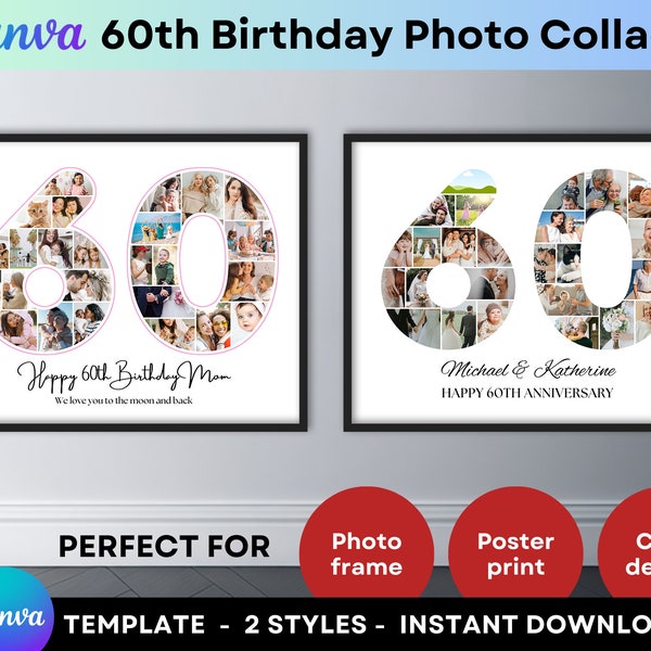 60th Birthday Number 60 Photo Collage Canva Template Personalized Birthday Gift for Mom Dad Grandma Grandpa Printable Picture Collage Poster