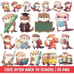 Lindo paquete de imágenes prediseñadas PNG de regreso a la escuela de nutria kawaii, ilustración de dibujos animados de animales para niños de la escuela, decoración de clase para maestros de jardín de infantes