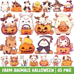 Boerderijdieren Halloween clipart schattig schuurdier en pompoen PNG Trick or Treat Cartoon afbeelding hooglandkoe lama paard herfstseizoen