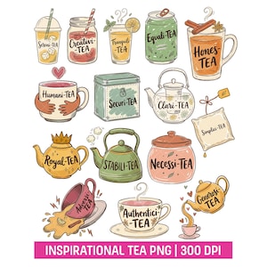 May include: A collection of illustrated tea-themed graphics featuring various cups, mugs, teapots, and jars. Each item is labeled with a pun-based name including Sereni-TEA, Creativi-TEA, Equali-TEA, Hones-TEA, Humani-TEA, Securi-TEA, Clari-TEA, Simplici-TEA, Royal-TEA, Stabili-TEA, Necessi-TEA, Adversity-TEA, Authentici-TEA, and Generosi-TEA.