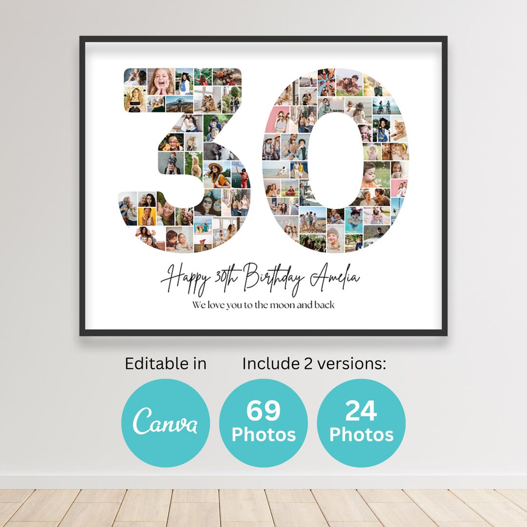 30th Birthday Number 30 Photo Collage Printable Canva Frame Template ...