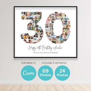 Collage fotografico per il 30° compleanno, numero 30, modello stampabile su tela, collage fotografico per il 30° anniversario, poster 8x10, regalo di compleanno personalizzato