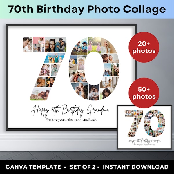 Number 70 Photo Collage 70th Birthday Number Collage Printable Canva Collage Template Picture Collage Poster Birthday Gift Grandma Grandpa