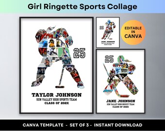Ringuette fille sport collage de photos femmes joueur athlète senior nuit remise des diplômes cadeau photo collage de photos affiche imprimable modèle de toile