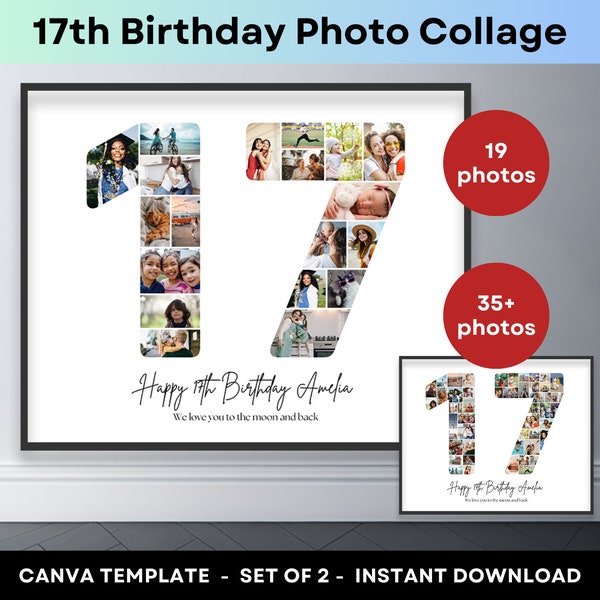 17th Birthday Number 17 Photo Collage Printable Canva Frame Template 17th Anniversary Picture Poster Birthday Gift Son Daughter 16x20 8x10
