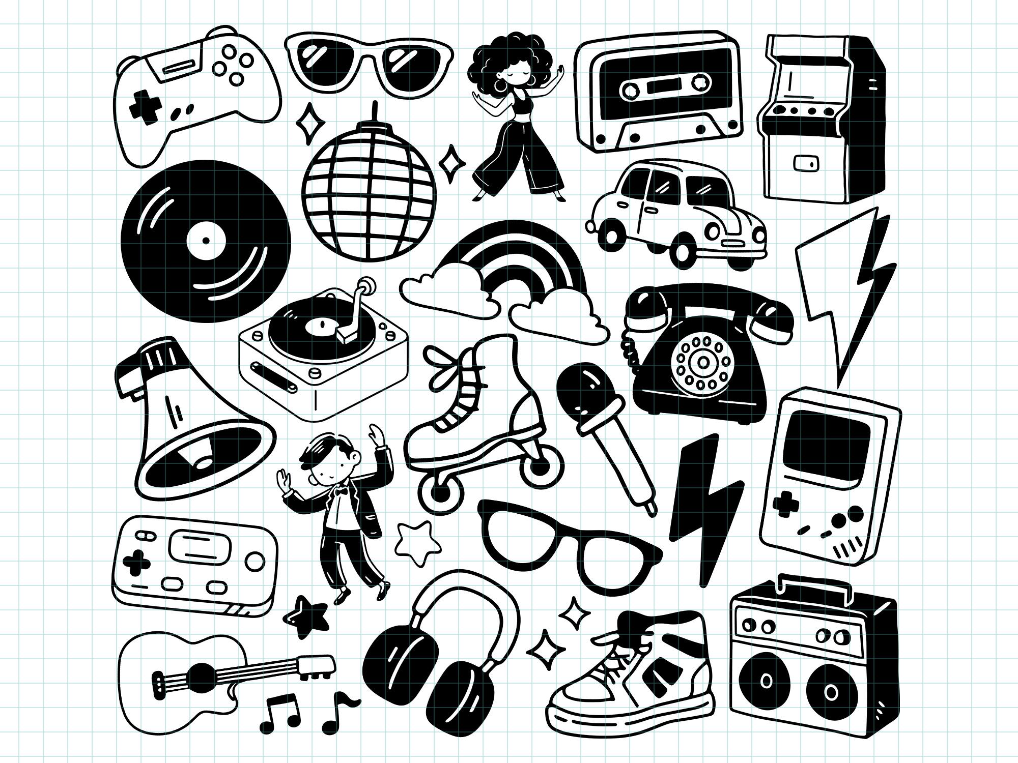 Retro 80's Doodle SVG Bundle Groovy 70's PNG Clipart Disco