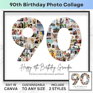 Zahl 90 Collage 90 Geburtstag Zahl Fotocollage Printable Canva Collage Vorlage Bild Collage Poster Geburtstag Geschenk Oma Opa