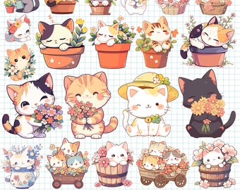 Cute Cat Floral Spring Clipart Kawaii Cat PNG Bundle Set Spring Season Kitten and Flower Illustration Cat Cartoon Wildflower Digital Sticker